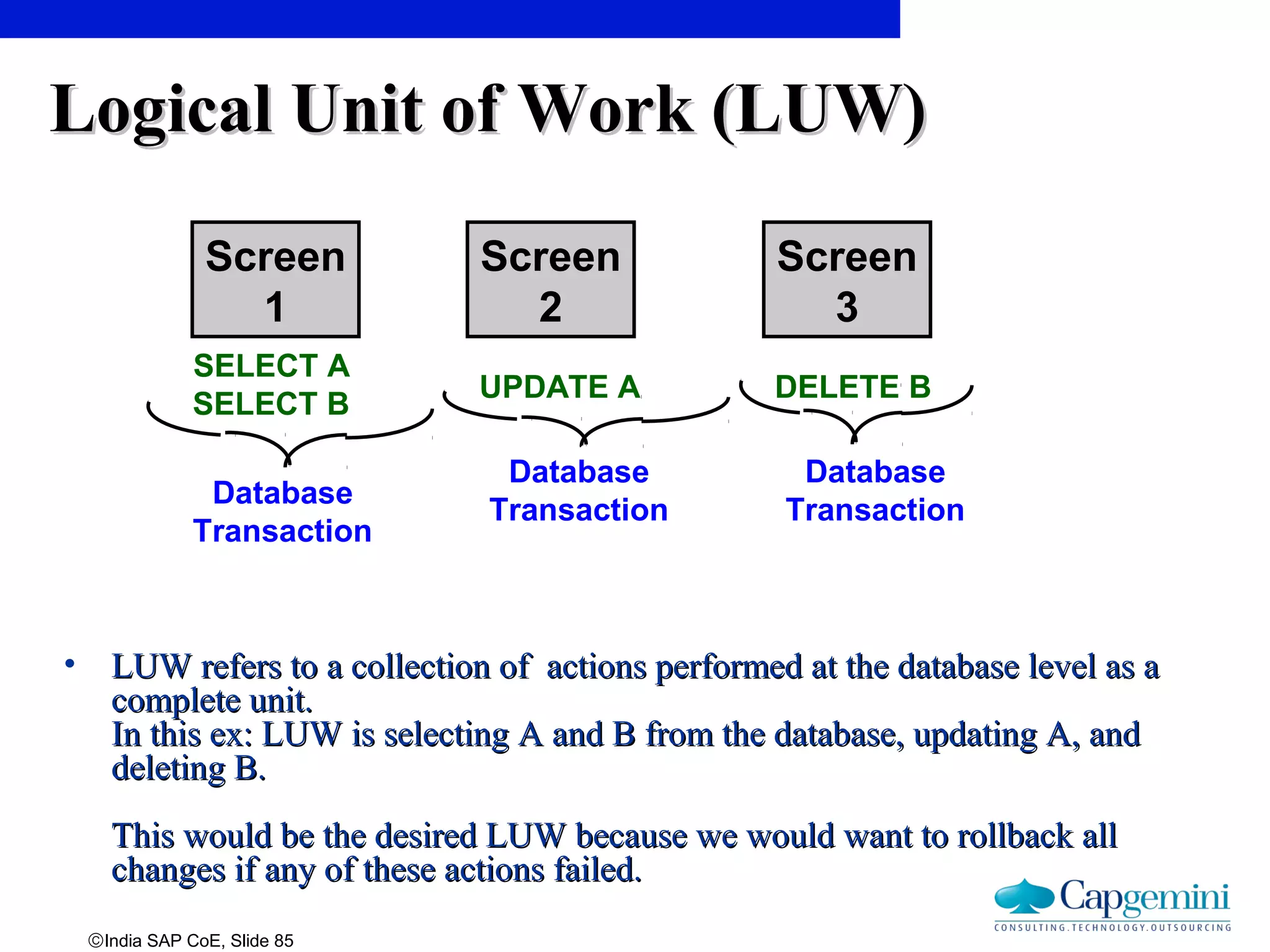 ©India SAP CoE, Slide 85
Logical Unit of Work (LUW)Logical Unit of Work (LUW)
• LUW refers to a collection of actions performed at the database level as aLUW refers to a collection of actions performed at the database level as a
complete unit.complete unit.
In this ex: LUW is selecting A and B from the database, updating A, andIn this ex: LUW is selecting A and B from the database, updating A, and
deleting B.deleting B.
This would be the desired LUW because we would want to rollback allThis would be the desired LUW because we would want to rollback all
changes if any of these actions failed.changes if any of these actions failed.
Screen
2
Screen
1
Screen
3
SELECT A
SELECT B
UPDATE A DELETE B
Database
Transaction
Database
Transaction
Database
Transaction
 