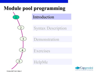 ©India SAP CoE, Slide 2
Module pool programmingModule pool programming
1 Introduction
2 Syntax Description
3 Demonstration
4 Exercises
5 HelpMe
 