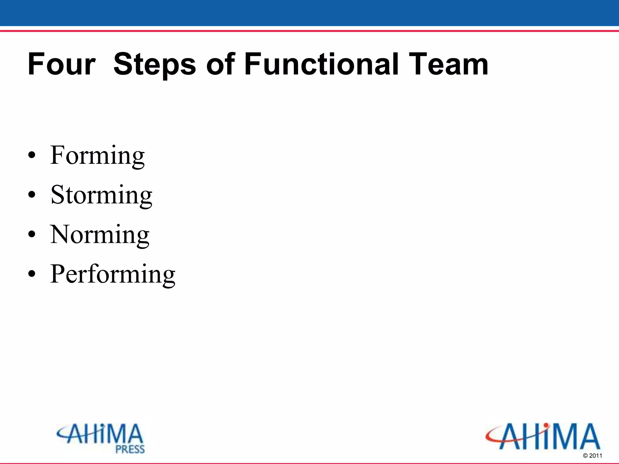© 2011
Four Steps of Functional Team
• Forming
• Storming
• Norming
• Performing
 