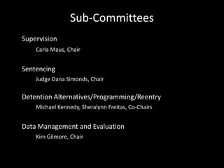 Sub-Committees
Supervision
Carla Maus, Chair
Sentencing
Judge Dana Simonds, Chair
Detention Alternatives/Programming/Reentry
Michael Kennedy, Sheralynn Freitas, Co-Chairs
Data Management and Evaluation
Kim Gilmore, Chair
 