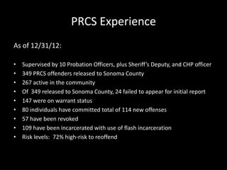 PRCS Experience
As of 12/31/12:
• Supervised by 10 Probation Officers, plus Sheriff’s Deputy, and CHP officer
• 349 PRCS offenders released to Sonoma County
• 267 active in the community
• Of 349 released to Sonoma County, 24 failed to appear for initial report
• 147 were on warrant status
• 80 individuals have committed total of 114 new offenses
• 57 have been revoked
• 109 have been incarcerated with use of flash incarceration
• Risk levels: 72% high-risk to reoffend
 