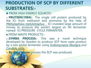 PRODUCTION OF SCP BY DIFFERENT
SUBSTRATES:-
FROM HIGH ENERGY SOURCES:-
 PRUTEEN(1984):- The single cell protein produced by
the ICI from methanol and ammonia by the help of
Methylophilus metylotrophus . ICI invested large amount of
money to produce the world’s largest air lift fermenter
named ICI PRESSURE CYCLE FERMENTER.
FROM WASTE PRODUCTS:-
 SYMBA PROCESS:- This was a novel technique
developed by Sweden to produce SCP from wate product
by a two phase fermenter using Endomycopsis fibuligra and
Candida utilis.
 By three phase process the SCP was produced.
 