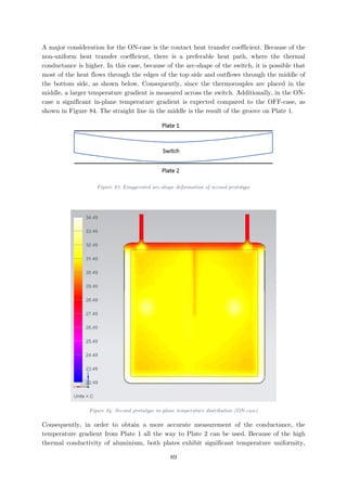 A major consideration for the ON-case is the contact heat transfer coefficient. Because of the
non-uniform heat transfer coefficient, there is a preferable heat path, where the thermal
conductance is higher. In this case, because of the arc-shape of the switch, it is possible that
most of the heat flows through the edges of the top side and outflows through the middle of
the bottom side, as shown below. Consequently, since the thermocouples are placed in the
middle, a larger temperature gradient is measured across the switch. Additionally, in the ON-
case a significant in-plane temperature gradient is expected compared to the OFF-case, as
shown in Figure 84. The straight line in the middle is the result of the groove on Plate 1.
Figure 83: Exaggerated arc-shape deformation of second prototype
Figure 84: Second prototype in-plane temperature distribution (ON-case)
Consequently, in order to obtain a more accurate measurement of the conductance, the
temperature gradient from Plate 1 all the way to Plate 2 can be used. Because of the high
thermal conductivity of aluminium, both plates exhibit significant temperature uniformity,
89
 