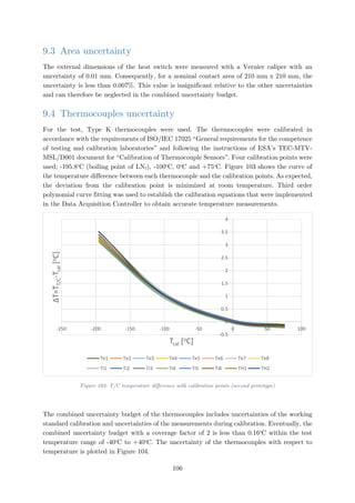9.3 Area uncertainty
The external dimensions of the heat switch were measured with a Vernier caliper with an
uncertainty of 0.01 mm. Consequently, for a nominal contact area of 210 mm x 210 mm, the
uncertainty is less than 0.007%. This value is insignificant relative to the other uncertainties
and can therefore be neglected in the combined uncertainty budget.
9.4 Thermocouples uncertainty
For the test, Type K thermocouples were used. The thermocouples were calibrated in
accordance with the requirements of ISO/IEC 17025 “General requirements for the competence
of testing and calibration laboratories” and following the instructions of ESA’s TEC-MTV-
MSL/D001 document for “Calibration of Thermocouple Sensors”. Four calibration points were
used; -195.8o
C (boiling point of LN2), -100o
C, 0o
C and +75o
C. Figure 103 shows the curve of
the temperature difference between each thermocouple and the calibration points. As expected,
the deviation from the calibration point is minimized at room temperature. Third order
polynomial curve fitting was used to establish the calibration equations that were implemented
in the Data Acquisition Controller to obtain accurate temperature measurements.
Figure 103: T/C temperature difference with calibration points (second prototype)
The combined uncertainty budget of the thermocouples includes uncertainties of the working
standard calibration and uncertainties of the measurements during calibration. Eventually, the
combined uncertainty budget with a coverage factor of 2 is less than 0.16o
C within the test
temperature range of -40o
C to +40o
C. The uncertainty of the thermocouples with respect to
temperature is plotted in Figure 104.
-0.5
0
0.5
1
1.5
2
2.5
3
3.5
4
-250 -200 -150 -100 -50 0 50 100
ΔT=TT/C-Tcal[oC]
Tcal [oC]
Te1 Te2 Te3 Te4 Te5 Te6 Te7 Te8
Ti1 Ti2 Ti3 Ti4 Ti5 Ti8 TH1 TH2
106
 