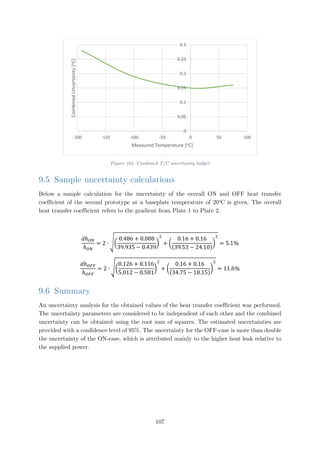 Figure 104: Combined T/C uncertainty budget
9.5 Sample uncertainty calculations
Below a sample calculation for the uncertainty of the overall ON and OFF heat transfer
coefficient of the second prototype at a baseplate temperature of 20o
C is given. The overall
heat transfer coefficient refers to the gradient from Plate 1 to Plate 2.
𝑑𝑑ℎ𝑂𝑂𝑂𝑂
ℎ𝑂𝑂𝑂𝑂
= 2 ∙ ��
0.486 + 0.088
39.935 − 0.439
�
2
+ �
0.16 + 0.16
(39.53 − 24.10)
�
2
= 5.1%
𝑑𝑑ℎ𝑂𝑂𝑂𝑂𝑂𝑂
ℎ𝑂𝑂𝑂𝑂𝑂𝑂
= 2 ∙ ��
0.126 + 0.116
5.012 − 0.581
�
2
+ �
0.16 + 0.16
(34.75 − 18.15)
�
2
= 11.6%
9.6 Summary
An uncertainty analysis for the obtained values of the heat transfer coefficient was performed.
The uncertainty parameters are considered to be independent of each other and the combined
uncertainty can be obtained using the root sum of squares. The estimated uncertainties are
provided with a confidence level of 95%. The uncertainty for the OFF-case is more than double
the uncertainty of the ON-case, which is attributed mainly to the higher heat leak relative to
the supplied power.
0
0.05
0.1
0.15
0.2
0.25
0.3
-200 -150 -100 -50 0 50 100
CombinedUncertainty[oC]
Measured Temperature [oC]
107
 