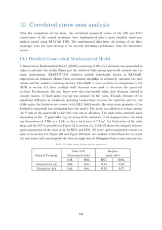10 Correlated straw-man analysis
After the completion of the tests, the correlated measured values of the ON and OFF
conductance of the second prototype were implemented into a more detailed straw-man
analysis model using ESATAN-TMS. The experimental data from the testing of the third
prototype were not used because of its severely deviating performance from the theoretical
values.
10.1 Detailed Geometrical Mathematical Model
A Geometrical Mathematical Model (GMM) consisting of 974 shell elements was generated in
order to calculate the orbital fluxes and the radiative links among spacecraft surfaces and the
space environment. ESATAN-TMS radiative module (previously known as ESARAD)
implements an enhanced Monte-Carlo ray-tracing algorithm to accurately calculate the view
factors and the radiative exchange factors. This GMM is more accurate in comparison to the
GMM in section 4.3, since multiple shell elements were used to discretize the spacecraft
surfaces. Furthermore, the unit boxes were also represented using shell elements instead of
lumped masses. A black paint coating was assigned to the units. Though, because of the
significant difference in maximum operating temperature between the batteries and the rest
of the units, the batteries are covered with MLI. Additionally, the solar array geometry of the
Sentinel-2 spacecraft was integrated into the model. The array was allowed to rotate around
the Y-axis of the spacecraft to face the true sun at all times. The solar array produces some
shadowing on the –Y panel affecting the sizing of the radiators. In its deployed state, the array
has dimensions of 3.768 m x 1.884 m, for a total area of 7.1 m2
. An illustration of the solar
array and the S/C is provided in Figure 13 in section 4.2. Table 22 shows the assigned thermo-
optical properties of the solar array for BOL and EOL. All other optical properties remain the
same as in section 4.3. Figure 105 and Figure 106 show the incident orbital fluxes for the worst
hot and worst cold case respectively with an angle step of 10 degrees from a near sun position.
Table 22: Solar array thermo-optical properties
Optical Property
Solar Cell
(illuminated side)
Kapton
(rear side)
EOL BOL EOL BOL
Absorptivity (α) 0.68 0.64 0.44 0.52
Emissivity (ε) 0.84 0.84 0.75 0.75
108
 