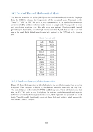 10.2 Detailed Thermal Mathematical Model
The Thermal Mathematical Model (TMM) uses the calculated radiative fluxes and couplings
from the GMM to estimate the temperatures of the isothermal nodes. Compared to the
ThermXL TMM, the ESATAN model is more representative, as the panels of the spacecraft
are represented by multiple isothermal nodes instead of a single node. Consequently, in-plane
and out-of-plane gradients exist. The solar array was assigned Aluminium 6061 thermal
properties (see Appendix F) and a through conductance of 50 W/m2
K from the cell to the rear
side of the panel. Table 23 indicates the node label assigned in the ESATAN model for each
unit.
Table 23: Units node label
Unit Node
RIU 10000
GPS 11000
OBC 12000
COMS 13000
Battery 1 14000
Battery 2 15000
PCDU 16000
SBT1 17000
SBT2 18000
ICU1 19000
ICU2 20000
WDE 21000
MMFU 22000
10.2.1 Results without switch implementation
Figure 107 shows the temperature profile of all units for the worst hot scenario, when no switch
is applied. When compared to Figure 16, the obtained results for most units are very close.
The main difference is observed in the COMS and Battery units. This is attributed to the fact
that the ESATAN model is more detailed and the units are coupled to multiple and separate
isothermal nodes instead of a single isothermal node, which represents the spacecraft +Z panel
in the ThermXL model. Additionally, each unit has a dedicated radiator, which was not the
case for the ThermXL analysis.
110
 