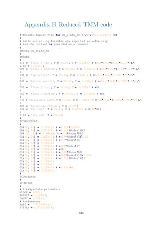 Appendix H Reduced TMM code
# ThermXL Export File for ON_state_SS (5/20/2016 2:59:53 PM)
#
# Cells containing formulas are exported as value only
# and the content is provided as a comment.
#
$MODEL ON_state_SS
#
$NODES
#
D10 = 'Plate 1 top', T = 20.00, C = 2.05E+2 # =896*2711*(0.01*0.13^2)/2
, QI = 4.00E+1;
D20 = 'Plate 1 bottom', T = 20.00, C = 2.05E+2 # =896*2711*(0.01*0.13^2)/2
;
D30 = 'Top switch', T = 20.00, C = 3.16E+1 # =526.3*4430*2.7067*10^-5/2
;
D40 = 'Bottom switch', T = 20.00, C = 3.16E+1 # =526.3*4430*2.7067*10^-5/2
;
D50 = 'Plate 2 top', T = 20.00, C = 2.05E+2 # =E4
;
D60 = 'Plate 2 bottom', T = 20.00, C = 2.05E+2 # =E5
;
D70 = 'Baseplate top', T = 20.00, C = 1.04E+3 # =896*2711*(0.006*0.285*0.5)/2
;
B80 = 'Baseplate bottom', T = 20.00;
D90 = 'MLI top', T = 20.00, C = 6.59E+0 # =390*H12
;
B100 = 'Shroud', T = 20.00;
#
$CONDUCTORS
#
GR(30, 40) = 1.37E-2; # =0.318*0.0432
GR(10, 90) = 2.37E-4; # =0.014*Nodes!H12
GR(100, 90) = 1.98E+0; # =0.9*Nodes!H13
GL(10, 20) = 2.82E+2; # =167*Nodes!H5/0.01
GL(20, 30) = 8.80E+0; # =727*Nodes!H6
GL(30, 40) = 6.56E+0;
GL(40, 50) = 7.83E+0; # =647*Nodes!H7
GL(50, 60) = 2.82E+2; # =D6
GL(60, 70) = 2.54E+1; # =1500*Nodes!H9
GL(70, 80) = 3.97E+3; # =167*Nodes!H10/0.006
GL(10, 90) = 3.21E-4; # =0.019*Nodes!H12
GL(10, 60) = 1.25E-2;
GL(60, 70) = 1.71E-2;
GL(50, 70) = 1.23E-1; # =0.0205*6
GL(10, 60) = 1.45E-2;
#
$CONSTANTS
#
$CONTROL
#
# Steady-state parameters
NLOOP = 10000;
RELXCA = 1.00E-6;
DAMPT = 1.00E+0;
# Preferences
TABS = 2.731500E+2;
STEFAN = 5.670510E-8;
140
 