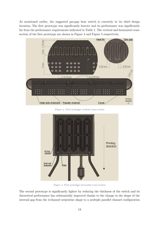 As mentioned earlier, the suggested gas-gap heat switch is currently in its third design
iteration. The first prototype was significantly heavier and its performance was significantly
far from the performance requirements indicated in Table 1. The vertical and horizontal cross-
section of the first prototype are shown in Figure 4 and Figure 5 respectively.
Figure 4: First prototype vertical cross-section
Figure 5: First prototype horizontal cross-section
The second prototype is significantly lighter by reducing the thickness of the switch and its
theoretical performance has substantially improved thanks to the change in the shape of the
internal gap from the 4-channel serpentine shape to a multiple parallel channel configuration
13
 