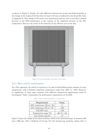 as shown in Figure 6. Finally, the only difference between the second and third prototype is
the change in the length of the fins from 1.6 mm to 0.6 mm as indicated in the fin profile views
in Appendix E. This change is the result of an optimization process, since it provides a desired
decrease in the OFF-conductance at the expense of the undesired decrease in the ON-
conductance. Both are the result of the reduction in the effective area of the fins.
Figure 6: Second prototype horizontal cross-section
3.3.1 Heat switch requirements
As a first approach, the switch is expected to be used in Earth-Observation missions at room
temperature, with a nominal component temperature range from -20o
C to +40o
C. However,
its application in other space missions with different temperature requirements could be
investigated. Table 1 summarizes the performance requirements set by ESA.
Table 1: Heat switch performance requirements
Requirement Value
OFF conductance [W/m2
·K] <5
ON conductance [W/m2
·K] >500
ON/OFF ratio >100
Temperature range [o
C] -20<T<+40
Area density [kg/m2
] <8
Figure 7 shows the design of the latest iteration, which is the third prototype. It measures 200
mm x 200 mm, with a thickness of 2.2 mm. For the internal gap geometry, please refer to
14
 