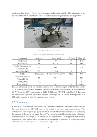 smallest surface density. Furthermore, it appears to be easily scalable. The only concerns are
the size of the switch and the fact that the surface density requirement is not respected.
Figure 12: IberEspacio heat switch
Table 2: IberEspacio heat switch characteristics
Component Material Length [mm] OD [mm] Mass [g]
Evaporator SS 40 12 31.6
Condenser SS h=1.5 60 30.3
Double Compensation
Chamber (CC)
SS 10.8 17 17.7
Vapor Line (VL) SS 111.4 2 2
Saddle Aluminium 34 (interface with EV) 84x61 27.6
Pressure Regulated
Valve (PRV)
SS 48.4 17 32.5
Working Fluid NH3 - - 3
Total mass [g] - - - 146.5
Another interesting case is the paraffin-actuated heat switch developed for the thermal control
of the batteries onboard the 2003 Mars Explorations Rovers. The achieved ON-conductance is
0.6 W/K and the OFF-conductance is 0.019 W/K for an ON/OFF ratio 31.6 [21]. However,
no information is provide about the size and the weight of the device. Consequently, it is
difficult to compare it with the suggested heat switch.
3.5 Summary
A heat switch constitutes a variable thermal conductance satellite thermal control technology.
The ratio between the ON/OFF-state of the switch is the most important measure of its
performance. The designed gas-gap heat switch adjusts the thermal conductance by varying
the pressure of the active gas inside the gap. The currently available manufacturing technology
imposes limits on the design of the switch and its performance. The suggested heat switch is
an innovative idea because of its intended application in large units and at room temperature,
rather than in small components at cryogenic temperatures.
18
 