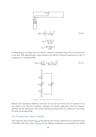 Gface
G1
G2 G2
𝐺𝐺𝑓𝑓𝑓𝑓𝑓𝑓 = �
1
𝐺𝐺1
+
1
2 ∙ 𝐺𝐺2
�
−1
(5.1-4)
𝐺𝐺1 =
𝑘𝑘𝑇𝑇𝑇𝑇 ∙ 𝑤𝑤 ∙ 𝐿𝐿
𝐿𝐿𝑓𝑓𝑓𝑓𝑓𝑓/2
𝐺𝐺2 =
𝑘𝑘𝑇𝑇𝑇𝑇 ∙ 𝐿𝐿𝑓𝑓𝑓𝑓𝑓𝑓 ∙ 𝐿𝐿
𝑤𝑤/2
Combining 𝐺𝐺𝑓𝑓𝑓𝑓𝑓𝑓𝑓𝑓 and 𝐺𝐺𝑓𝑓𝑓𝑓𝑓𝑓 gives the effective thermal conductance 𝐺𝐺𝑒𝑒𝑒𝑒𝑒𝑒 from the switch face
to the fins. This approximation under-estimates the effective thermal conductance by 13% in
comparison to a detailed FEM.
𝐺𝐺𝑒𝑒𝑒𝑒𝑒𝑒 = �
1
𝐺𝐺𝑓𝑓𝑓𝑓𝑓𝑓𝑓𝑓
+
1
𝑁𝑁𝑓𝑓𝑓𝑓𝑓𝑓 ∙ 𝐺𝐺𝑓𝑓𝑓𝑓𝑓𝑓
�
−1
(5.1-5)
Geff
Geff
Thot
Tcold
Ggas Grad
Figure 21: Simplified ON-case thermal network
Because the temperature difference between the top and the bottom face is expected to be
very small in the ON-state, radiation exchange is eventually neglected in both the thermal
network and the simulation. The reduced thermal network results in a difference of less than
5% with the detailed FEM.
5.2 Conductive heat transfer
The conductive heat transfer (𝐺𝐺𝑐𝑐𝑐𝑐𝑐𝑐𝑐𝑐) through the heat switch material can be estimated using
a 3D FEM. The final values of 𝐺𝐺𝑐𝑐𝑐𝑐𝑐𝑐𝑐𝑐 for the different prototypes and materials were found
30
 