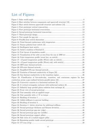 List of Figures
Figure 1: Solar zenith angle................................................................................................... 8
Figure 2: Heat switches between components and spacecraft structure [13]..........................12
Figure 3: Heat switch between spacecraft structure and radiator [13]...................................12
Figure 4: First prototype vertical cross-section.....................................................................13
Figure 5: First prototype horizontal cross-section.................................................................13
Figure 6: Second prototype horizontal cross-section .............................................................14
Figure 7: Third prototype design..........................................................................................15
Figure 8: Test sample for gap size........................................................................................15
Figure 9: Paraffin heat switch dimensions ............................................................................17
Figure 10: Total thermal conductance with temperature......................................................17
Figure 11: Starsys pedestal heat switch [13] .........................................................................17
Figure 12: IberEspacio heat switch.......................................................................................18
Figure 13: Artist's rendition of Sentinel-2.............................................................................20
Figure 14: Unit layout of simulation model ..........................................................................21
Figure 15: Visualization of the orbit as seen from the sun at 2800 sec..................................22
Figure 16: Units temperature profile (worst hot, no switch).................................................25
Figure 17: +Z panel temperature profile (Worst cold, no switch).........................................25
Figure 18: +Z panel temperature profile (Worst cold, with switch)......................................26
Figure 19: OFF-state thermal network.................................................................................27
Figure 20: ON-state thermal network...................................................................................29
Figure 21: Simplified ON-case thermal network ...................................................................30
Figure 22: Variation of thermal conductivity of Argon [24] ..................................................32
Figure 23: Gas thermal conductivity in the transition regime...............................................36
Figure 24: Classification of free-molecular, transition, and continuum regimes for heat
conduction across a gas confined between parallel plates [24]...............................................37
Figure 25: Convective currents in a horizontal enclosure [6].................................................38
Figure 26: A vertical rectangular enclosure with isothermal surfaces [6]...............................38
Figure 27: Infinitely large parallel plates radiation heat exchange [6] ...................................39
Figure 28: Front view of second prototype ...........................................................................42
Figure 29: Test assembly with no applied torque .................................................................42
Figure 30: Test assembly with a 1 N∙m torque....................................................................43
Figure 31: Buckling of iteration 1.........................................................................................43
Figure 32: Added stiffeners to prevent buckling ...................................................................43
Figure 33: Buckling of iteration 3.........................................................................................44
Figure 34: Iteration 4 - lattice structure for additional stiffness............................................45
Figure 35: Second prototype thickness and flatness deviation...............................................45
Figure 36: Second prototype gap size (edge).........................................................................46
Figure 37: Second prototype gap size (middle).....................................................................46
Figure 38: Second prototype support pillars .........................................................................47
Figure 39: Side views of a cracked support pillar..................................................................47
Figure 40: Remaining powder inside second prototype .........................................................48
Figure 41: CT scan setup .....................................................................................................48
vi
 