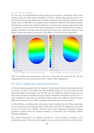 7.5.4.2 Overpressurization
For the case of overpressurization during testing, the maximum overpressure limit of the
pressure sensor was used, which corresponds to 5.33 bar. All the other parameters that were
set for the maximum bolt preload case remained unchanged. This simulation resulted in axial
tensile stresses of 990 MPa at the pillars, which exceeds the Ti-6Al-4V yield tensile strength.
Consequently, assuming the axial stress behavior to be linear, the maximum gap pressure shall
be reduced by a factor of 2.32. This internal gap pressure can be controlled with the pressure
regulator mounted on the gas tank and using the precision valve at the inlet. Figure 58 and
Figure 59 show the stresses experienced by the pillars at 5.33 and 2.3 bar respectively.
Figure 58: Pillar cross-section stresses [5.33 bar] Figure 59: Pillar cross-section stresses [2.3 bar]
Thus, the absolute internal pressure of the heat switch shall not exceed 2.3 bar. For the
displacement of the heat switch, please refer to Figure 136 in Appendix G.
7.6 Test configuration thermal simulation
A thermal simulation model of the test setup was created based on the assumptions mentioned
in sections 7.2 and 7.4. The FEM uses 3D tetrahedral meshes for the heat switch and the
aluminium plates and baseplate. For the OFF-case the radiative coupling between the two
sides of the switch was simulated using the effective emissivities estimated in section 5.5.1. A
more complicated model that uses the Monte Carlo method with 1,000 rays showed minimal
differences between the two models, validating the dummy case generated earlier.
For the ON-case, an additional 3D solid mesh is used to simulate the gas. Perfect conduction
occurs between the mesh of the gas and the mesh of the heat switch by making the two meshes
to share the nodes at the interface. The gas mesh is given temperature dependent thermal
properties obtained from the National Institute of Standards and Technology (NIST)
Chemistry WebBook.
The contact conductance was adjusted through the various iterations according to the
experimental values. The heat load is applied on an area identical to the size of the heater,
69
 