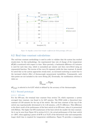 Figure 73: Sigraflex contact heat transfer coefficient for third prototype (ON-case)
8.2 Real time constant calculations
The real-time constant methodology is used in order to validate that the system has reached
steady-state. In this methodology, the experimental time rate of change of the temperature
𝑑𝑑𝑑𝑑/𝑑𝑑𝑑𝑑 is monitored with respect to time. More precisely, a backwards difference of 3 minutes
is used for each time step, which is normalized per minute and then curve-fitted using an
exponential function. The inverse of the curve fit exponent yields the time constant. It should
be noted that as the system approaches steady-state, an increased scattering is caused due to
the increased relative effect of thermocouple measurement instabilities. Consequently, such
data points are not included in the curve fitting [37]. Eventually, the stabilization criterion is
taken as:
𝑑𝑑𝑑𝑑
𝑑𝑑𝑑𝑑
�
𝑡𝑡𝑡𝑡𝑡𝑡𝑡𝑡𝑡𝑡𝑡𝑡
=
𝛥𝛥𝑇𝑇𝑡𝑡𝑡𝑡𝑡𝑡𝑡𝑡𝑡𝑡𝑡𝑡
𝜏𝜏
.
𝛥𝛥𝑇𝑇𝑡𝑡𝑡𝑡𝑡𝑡𝑡𝑡𝑡𝑡𝑡𝑡 is selected to be 0.2o
C which is defined by the accuracy of the thermocouples.
8.2.1 Second prototype
8.2.1.1 ON-state
For the ON-case, the terminal time constant from section 7.9, which represents a system
averaged time constant, was found to be 3.07 minutes. The FEM yields a theoretical time
constant of 3.58 minutes for the top of the switch. The real time constant of the top of the
switch was experimentally determined to be 4.48 minutes, a 25.1% difference. This difference
is the direct result of the performance of the heat switch in its ON-state, when it is pressurized
with Helium. The higher the ON-conductance of the heat switch the smaller the time constant.
As it can be seen from Figure 82 in section 8.2.1.1, the actual performance of the heat switch
at +20o
C, when applying a power of 40 W is at 74.2% of the theoretical value and consequently
longer dwell time is required for temperature stabilization. Figure 75 provides a comparison
y = 0.0142x2 - 0.5654x + 673.67
y = 0.0163x2 + 1.8742x + 593.89
0
100
200
300
400
500
600
700
800
-60 -40 -20 0 20 40 60
Contactheattransfercoefficient[W/m2∙K]
Baseplate [oC]
Top switch
Bottom switch
82
 