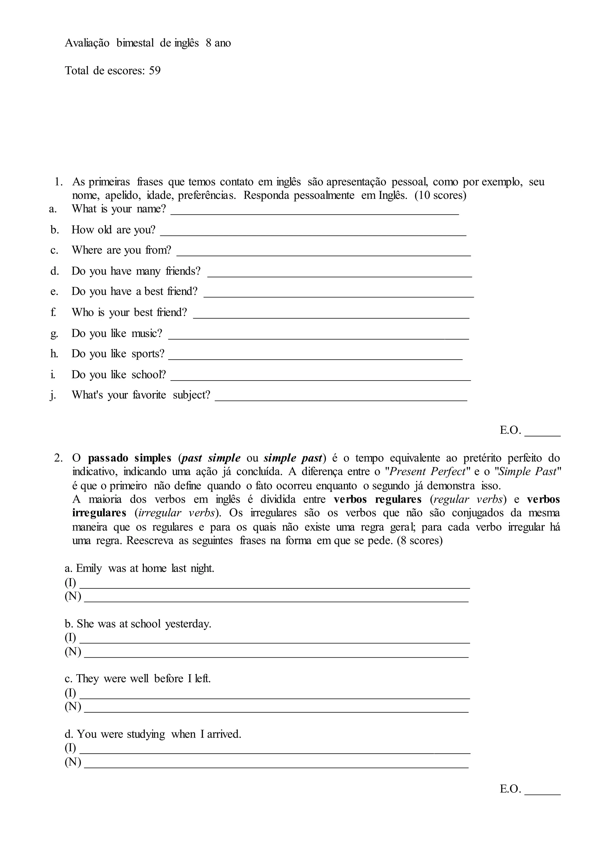 Ab1 Avaliação Inglês 8 ano | DOCX