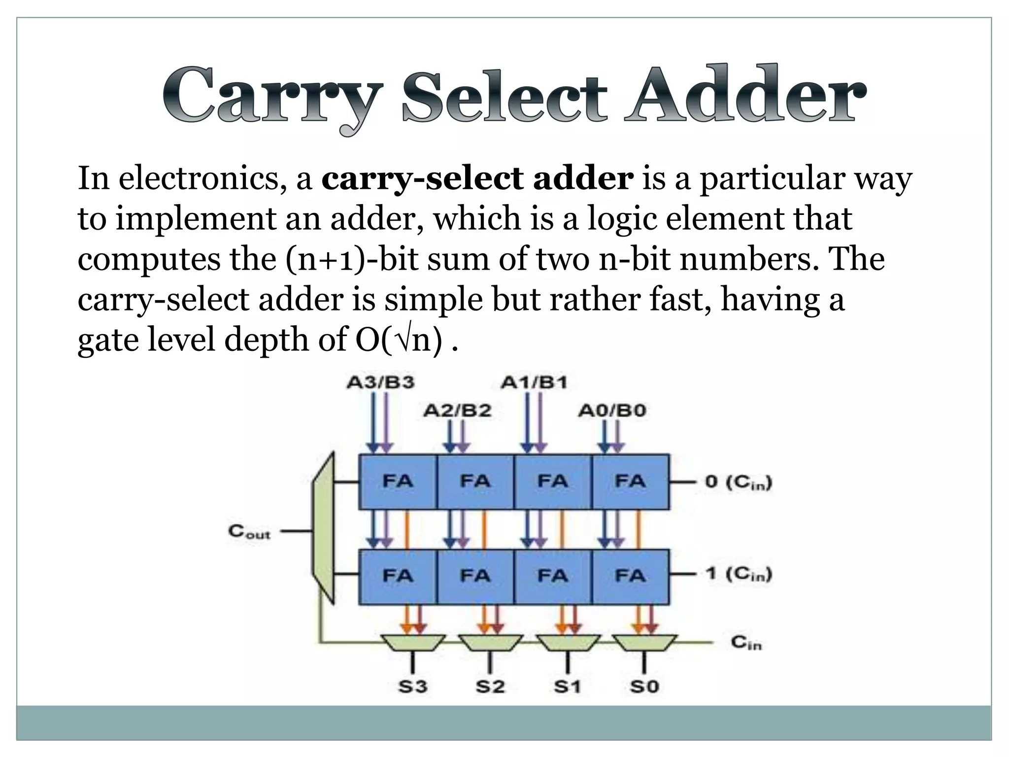 In electronics, a carry-select adder is a particular way
to implement an adder, which is a logic element that
computes the (n+1)-bit sum of two n-bit numbers. The
carry-select adder is simple but rather fast, having a
gate level depth of O(√n) .
 