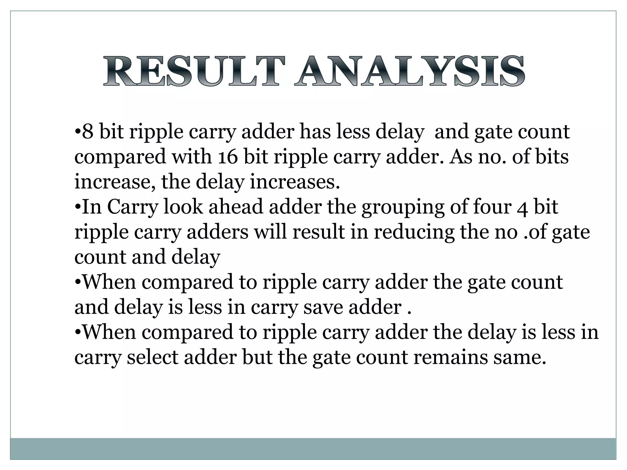 •8 bit ripple carry adder has less delay and gate count
compared with 16 bit ripple carry adder. As no. of bits
increase, the delay increases.
•In Carry look ahead adder the grouping of four 4 bit
ripple carry adders will result in reducing the no .of gate
count and delay
•When compared to ripple carry adder the gate count
and delay is less in carry save adder .
•When compared to ripple carry adder the delay is less in
carry select adder but the gate count remains same.
 