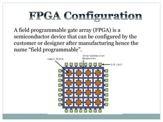 A field programmable gate array (FPGA) is a
semiconductor device that can be configured by the
customer or designer after manufacturing hence the
name “field programmable”.
 