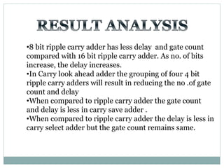 •8 bit ripple carry adder has less delay and gate count
compared with 16 bit ripple carry adder. As no. of bits
increase, the delay increases.
•In Carry look ahead adder the grouping of four 4 bit
ripple carry adders will result in reducing the no .of gate
count and delay
•When compared to ripple carry adder the gate count
and delay is less in carry save adder .
•When compared to ripple carry adder the delay is less in
carry select adder but the gate count remains same.
 