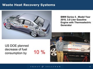Waste  H eat  R ecovery  S ystems BMW Series 5 , Model Year 2010, 3.0 Liter Gasoline Engine with Thermoelectric Generator   US D O E planned decrease of fuel consumption by 10 % 