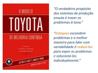 “O verdadeiro propósito
dos sistemas de produção
enxuta é trazer os
problemas à tona.”
“Estoques escondem
problemas e a melhor
maneira para lidar com
variabilidade é reduzi-los
para expor os problemas
e solucioná-los
individualmente.”
 