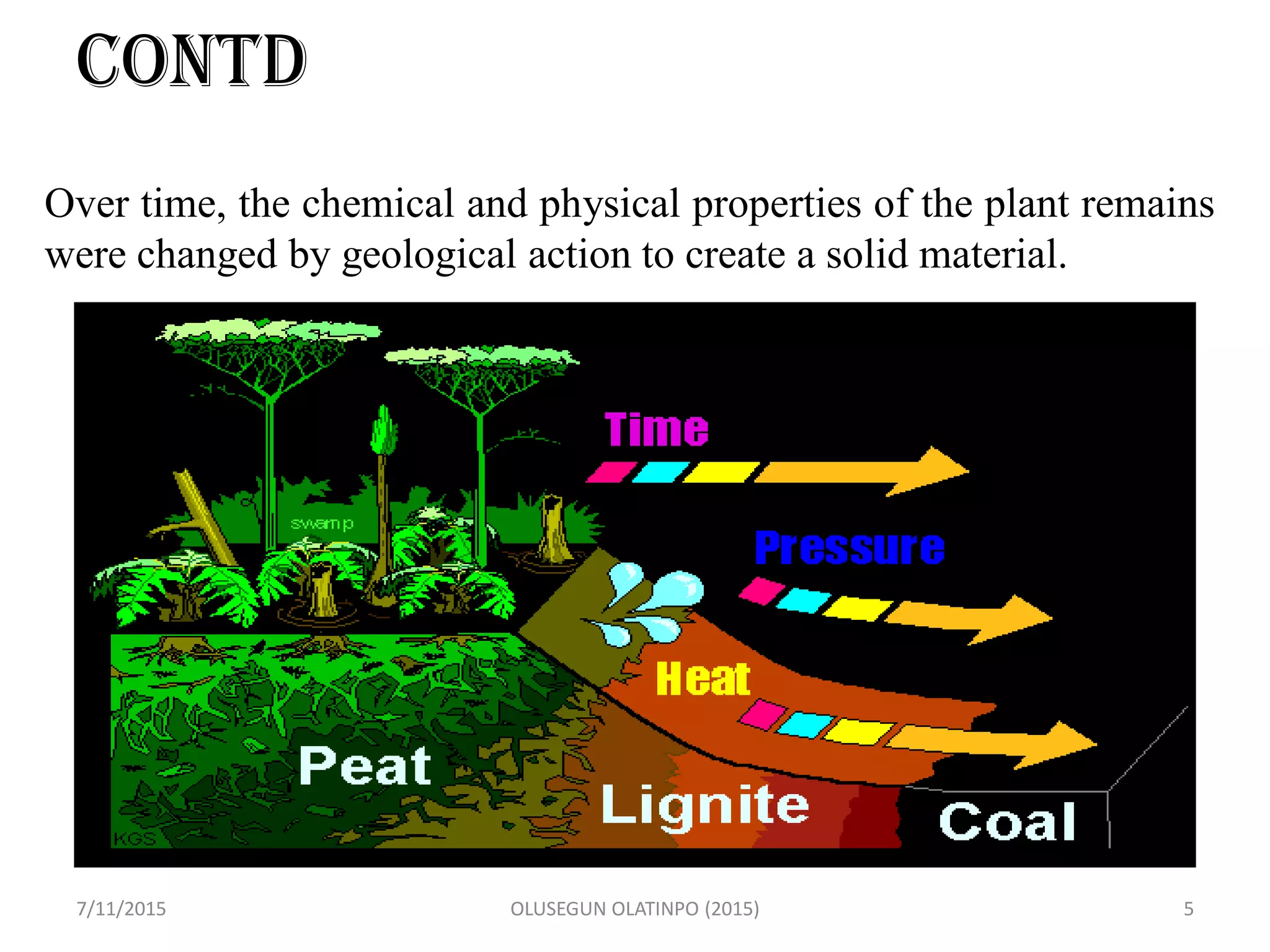 CONTD
7/11/2015 OLUSEGUN OLATINPO (2015) 5
Over time, the chemical and physical properties of the plant remains
were changed by geological action to create a solid material.
 