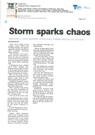 Emily Woods, 'Storm sparks chaos', Shepparton News, 19 March 2016, p.3