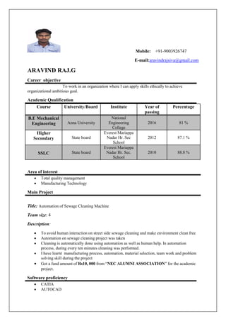 Aravind Raj Autocad Raj ARAVIND RAJ BE RESUME | PDF