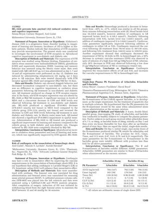 ABSTRACTS
ABSTRACTS	 1349
1123022
IRL-1620 prevents beta amyloid (Aβ) induced oxidative stress
and cognitive impairment
Seema Briyal, Cortney Shepard, Anil Gulati
Midwestern University, Downers Grove, IL, USA
Statement of Purpose, Innovation or Hypothesis: Alzheimer’s
disease (AD) is a progressive brain disorder leading to impair­
ment of learning and memory. Incidence of AD is higher in dia­
betic patients. Studies indicate that stimulation of ETB receptors
may provide neuroprotection. The present study was conducted
to investigate the involvement of ETB receptors in Aβ-induced
cognitive impairment in non-diabetic and diabetic rats.
Description of Methods and Materials: The expression of ETB
receptors was studied using Western blotting. Parameters of oxi­
dative stress assessed were malondialdehyde (MDA), glutathione
(GSH) and superoxide dismutase (SOD). Learning and memory
behavior was assessed using the Morris water maze. Rats were
treated with Aβ(1-40) (6.67 µg, icv) was administered on day 1, 7 and
14 and all experiments were performed on day 15. Diabetes was
induced by administering streptozotocin (45 mg/kg, ip) 3 days
prior to Aβ injection. Rats were treated chronically with ETB
receptor agonist (IRL-1620) and antagonist (BQ-788) for 14 days.
Data and Results: Diabetic rats showed sluggish behavior and
decreased locomotion compared to non-diabetic rats, but there
was no difference in cognitive impairment or oxidative stress
parameters following Aβ treatment in non-diabetic and diabetic
rats. Aβ treatment produced no change in ETB receptor expres­
sion in the brain, and ETB receptor expression was not altered by
IRL-1620 or BQ-788 treatment. A significant increase in levels of
MDA and a concurrent decrease in GSH and SOD levels was
observed following Aβ treatment in non-diabetic and diabetic
rats. IRL-1620 produced a significant (P<0.001) decrease
(278.4±8.5 nmol/g wet tissue) in MDA level compared to the
vehicle group (516.1±14 nmol/g wet tissue) and reversed the
decrease in GSH and SOD levels following Aβ treatment in non-
diabetic and diabetic rats. In Morris water maze task, Aβ treated
rats showed a significant (P<0.0001) impairment in spatial mem­
ory. Administration of IRL-1620 to Aβ treated rats produced a
significant improvement in learning and memory compared to the
vehicle group in both diabetic and non-diabetic rats. Changes
induced by IRL-1620 were completely blocked by BQ-788.
Interpretation, Conclusion or Significance: Aβ produced an incre­
ase in oxidative stress parameters and loss of learning and mem­
ory, which was significantly improved by ETB agonist, IRL-1620.
1123058
Role of centhaquin in the resuscitation of hemorrhagic shock
Anil Gulati1
, Manish S. Lavhale2
, Suresh Havalad3
1
Midwestern University, Downers Grove, IL, USA; 2
Pharmazz,
Inc., Naperville, IL, USA; 3
Advocate Lutheran General Hospital,
Park Ridge, IL, USA
Statement of Purpose, Innovation or Hypothesis: Centhaquin
may have a role in resuscitative effect by improving the vascular
responsiveness in the resuscitation of hemorrhagic shock (HS). It is
our hypothesis that adding centhaquin to Lactated Ringer’s (LR) or
3% hypertonic saline (SAL) will enhance their resuscitative effect.
Description of Methods and Materials: Rats were anaesthe­
tized with urethane. The femoral vein was canulated for drug
administration and femoral artery was cannulated for measuing
mean arterial pressure (MAP). A calibrated pressure-volume cath­
eter (SPR-869) was placed into the left ventricle and data were
analyzed using a LabChart-5.00 and PVAN analysis program.
After completion of surgery, induction of HS was initiated by
withdrawing blood from the right femoral artery to maintain the
MAP between 35 and 40 mmHg for 30 minutes.
Data and Results: Hemorrhage produced a decrease in hema­
tocrit from ~49% to ~27%, which was similar in all the groups.
Sixty minutes following resusctiation with LR, blood lactate level
was 10.2±0.6 mmol/L, however addition of centhaquin in LR
improved lactate level to 4.1±0.3 mmol/L. Similarly, following
resusctiation with SAL, lactate level was 3.4±0.5 mmol/L, and
addtion of centhaquin improved it to 2.0±0.3 mmol/L. Cardiovas­
cular parameters signficantly improved following addition of
centhaquin in either LR or SAL. Centhaquin improved the sur­
vival following LR treatment from 78±10 mins to 387±38 mins,
and following SAL treatment from 144±22 mins to 326±55 mins.
Another experiment showed that centhaquin decreased the
requirement of NE by 10 folds in HS. In hemorrhaged rats, a 50%
decrease in systemic vascular resistance (SVR) was observed in
spite of infusion of a high dose (50 µg/100g/hour) of NE; whereas,
only 36% decrease in SVR was observed following a low dose
(5 µg/100g/hour) infusion of NE in centhaquin treated rats.
Interpretation, Conclusion or Significance: Centhaquin
improves the resuscitative effects of LR and SAL and increases
the vascular responsiveness to NE in hemorrhaged rats.
1123083
Single-dose Plasma PK Parameters of Arbaclofen, R-baclofen
and S-baclofen
Glenn Meyer1
, Gustavo Fischbein2
, David Boyd1
1
Osmotica Pharmaceutical Corp, Wilmington, NC, USA; 2
Osmotica
Pharmaceutical Argentina S.A., Buenos Aires, Argentina
Statement of Purpose, Innovation or Hypothesis: Arbaclofen,
the R-enantiomer of the GABAb agonist baclofen, is in develop­
ment, as the single enantiomer, for the treatment of spasticity due
to multiple sclerosis. We hypothesized that the PK parameters for
the R-enantiomer would be the same when administered alone
versus administration as the racemic mixture.
Description of Methods and Materials: A 4-arm, double blind,
parallel group, dose-ranging PK study of arbaclofen and baclofen
was conducted in healthy subjects to compare the plasma parame­
ters. Twelve subjects in each group received either arbaclofen doses
of 5, 7.5, or 10mg, or baclofen doses of 20mg, initially on Day 1 and
then every six hours thereafter for four days after an up-titration
period of nine days. Here we report the initial, single-dose results.
Data and Results: On Day 1, initial single, equi-molar doses of
the R-enantiomer produced similar PK results for arbaclofen and
the R-enantiomer of baclofen. The p-values for AUC, Cmax,
Tmax, and t1/2 were, 0.97, 0.43, 0.70, and 0.51 respectively. The
same parameters for the S-enantiomer vs. R-enantiomer in the
baclofen group were notably different with p-values less than
0.02 for all above parameters.
Interpretation, Conclusion or Significance: The R and
S-enantiomers of baclofen exhibit different ADME parameters.
Arbaclofen ADME parameters are similar to those of R-baclofen
when administered as the racemic mixture.
PK Parameter*
Arbaclofen 10 mg Baclofen 20 mg
Arbaclofen R-baclofen S-baclofen
AUCt (ng.hr/ml) 784 (147) 782 (126) 704 (135)
Cmax (ng/ml) 165 (39) 178 (44) 116 (33)
Tmax (hr) 1.04 (0.54) 0.96 (0.49) 1.88 (0.88)
T ½ (hr) 6.3 (1.1) 6.7 (1.6) 5.3 (0.9)
CL/F (L/hr) 12.6 (2.4) 12.4 (1.8) 14.1 (3.1)
CLr (L/hr) 11.1 (2.4) 10.8 (2.0) 9.3 (1.8)
fe (%) 84.4 (10.6) 82.8 (11.8) 64.9 (14.5)
*- all values are arithmetic means of single doses (SD)
at ACCP Member on August 24, 2012jcp.sagepub.comDownloaded from
 