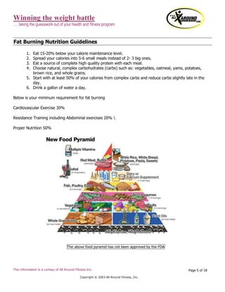 Winning the weight battle
…. taking the guesswork out of your health and fitness program
This information is a curtsey of All Around Fitness Inc.
Copyright © 2003 All Around Fitness, Inc.
Page 5 of 18
Fat Burning Nutrition Guidelines
1. Eat 15-20% below your calorie maintenance level.
2. Spread your calories into 5-6 small meals instead of 2- 3 big ones.
3. Eat a source of complete high quality protein with each meal.
4. Choose natural, complex carbohydrates (carbs) such as: vegetables, oatmeal, yams, potatoes,
brown rice, and whole grains.
5. Start with at least 50% of your calories from complex carbs and reduce carbs slightly late in the
day.
6. Drink a gallon of water a day.
Below is your minimum requirement for fat burning
Cardiovascular Exercise 30%
Resistance Training including Abdominal exercises 20% 
Proper Nutrition 50%
The above food pyramid has not been approved by the FDA
 