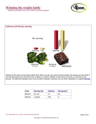 Winning the weight battle
…. taking the guesswork out of your health and fitness program
This information is a curtsey of All Around Fitness Inc.
Copyright © 2003 All Around Fitness, Inc.
Page 8 of 18
Calories and fat per serving
Calories are the basic unit of energy within food. When you eat, your body converts calories into energy and uses what it
can and stores the rest in the form of fat. A calorie is a calorie, whether it comes from a brownie or a serving of raw
broccoli. The difference between them is the number of calories, nutrients, fat, and other ingredients in a typical serving.
Food Serving size Calories Fat (grams)
Broccoli 1/2 cup 12 0.2
Brownie 1 square 160 3
 