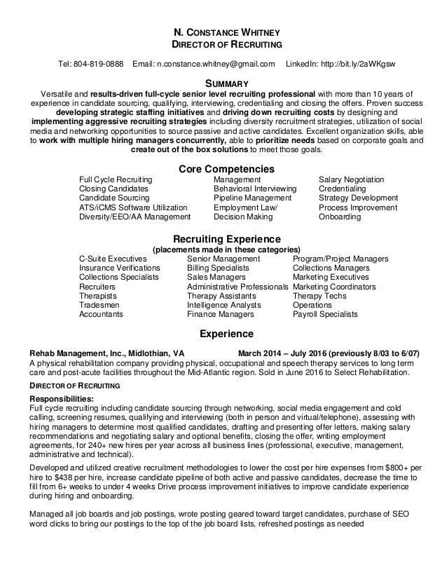 nc whitney resume recruiting talent acquisition talent acquisition resume