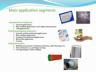 Automotive industry
 Foamed applications
 Blow molded applications ( incl. higher density foam)
 (IM applications)
Food packaging industry
 Foamed and thermoformed applications
 Blow molded applications
 Compact thermoformed applications
 Blown film application
 Coating
Infrastructure
 Building construction ( insulation, flooring ; under flooring, etc.)
 Pipe insulation ( e.g. steel pipe coating)
 Corrugated pipes ( inline cuffing)
Main application segments
 