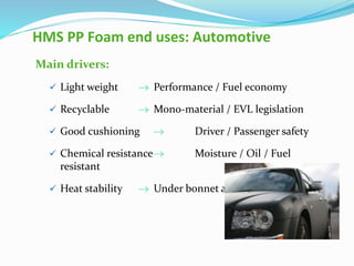 Main drivers:
 Light weight  Performance / Fuel economy
 Recyclable  Mono-material / EVL legislation
 Good cushioning  Driver / Passenger safety
 Chemical resistance Moisture / Oil / Fuel
resistant
 Heat stability  Under bonnet applications
HMS PP Foam end uses: Automotive
 