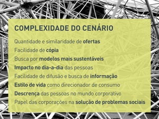 COMPLEXIDADE DO CENÁRIO
Facilidade de cópia
Busca por modelos mais sustentáveis
Quantidade e similaridade de ofertas
Impacto no dia-a-dia das pessoas
Facilidade de difusão e busca de informação
Estilo de vida como direcionador de consumo
Descrença das pessoas no mundo corporativo
Papel das corporações na solução de problemas sociais
 