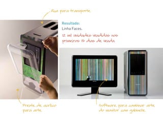 Resultado:
Linha Faces.
Alça para transporte
Frente de acrílico
para arte
Software para combinar arte
do monitor com gabinete
12 mil unidades vendidas nos
primeiros 15 dias de venda.
 