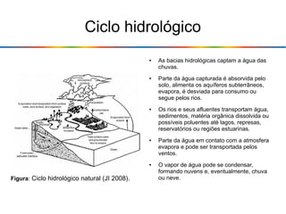 Ciclo hidrológico
Figura: Ciclo hidrológico natural (JI 2008).
● As bacias hidrológicas captam a água das
chuvas.
● Parte da água capturada é absorvida pelo
solo, alimenta os aquíferos subterrâneos,
evapora, é desviada para consumo ou
segue pelos rios.
● Os rios e seus afluentes transportam água,
sedimentos, matéria orgânica dissolvida ou
possíveis poluentes até lagos, represas,
reservatórios ou regiões estuarinas.
● Parte da água em contato com a atmosfera
evapora e pode ser transportada pelos
ventos.
● O vapor de água pode se condensar,
formando nuvens e, eventualmente, chuva
ou neve.
 