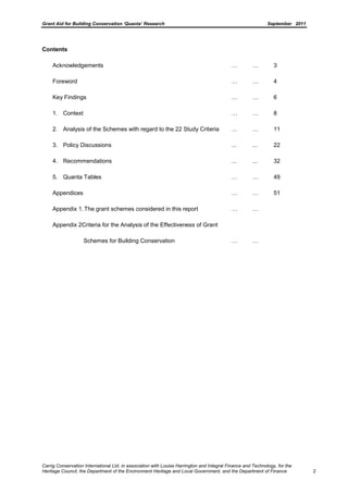 Grant Aid for Building Conservation ‘Quanta’ Research September 2011
Carrig Conservation International Ltd, in association with Louise Harrington and Integral Finance and Technology, for the
Heritage Council, the Department of the Environment Heritage and Local Government, and the Department of Finance 2
Contents
Acknowledgements … … 3
Foreword … … 4
Key Findings … … 6
1. Context … … 8
2. Analysis of the Schemes with regard to the 22 Study Criteria … … 11
3. Policy Discussions ... ... 22
4. Recommendations ... ... 32
5. Quanta Tables … … 49
Appendices … … 51
Appendix 1.The grant schemes considered in this report … …
Appendix 2Criteria for the Analysis of the Effectiveness of Grant
Schemes for Building Conservation … …
 