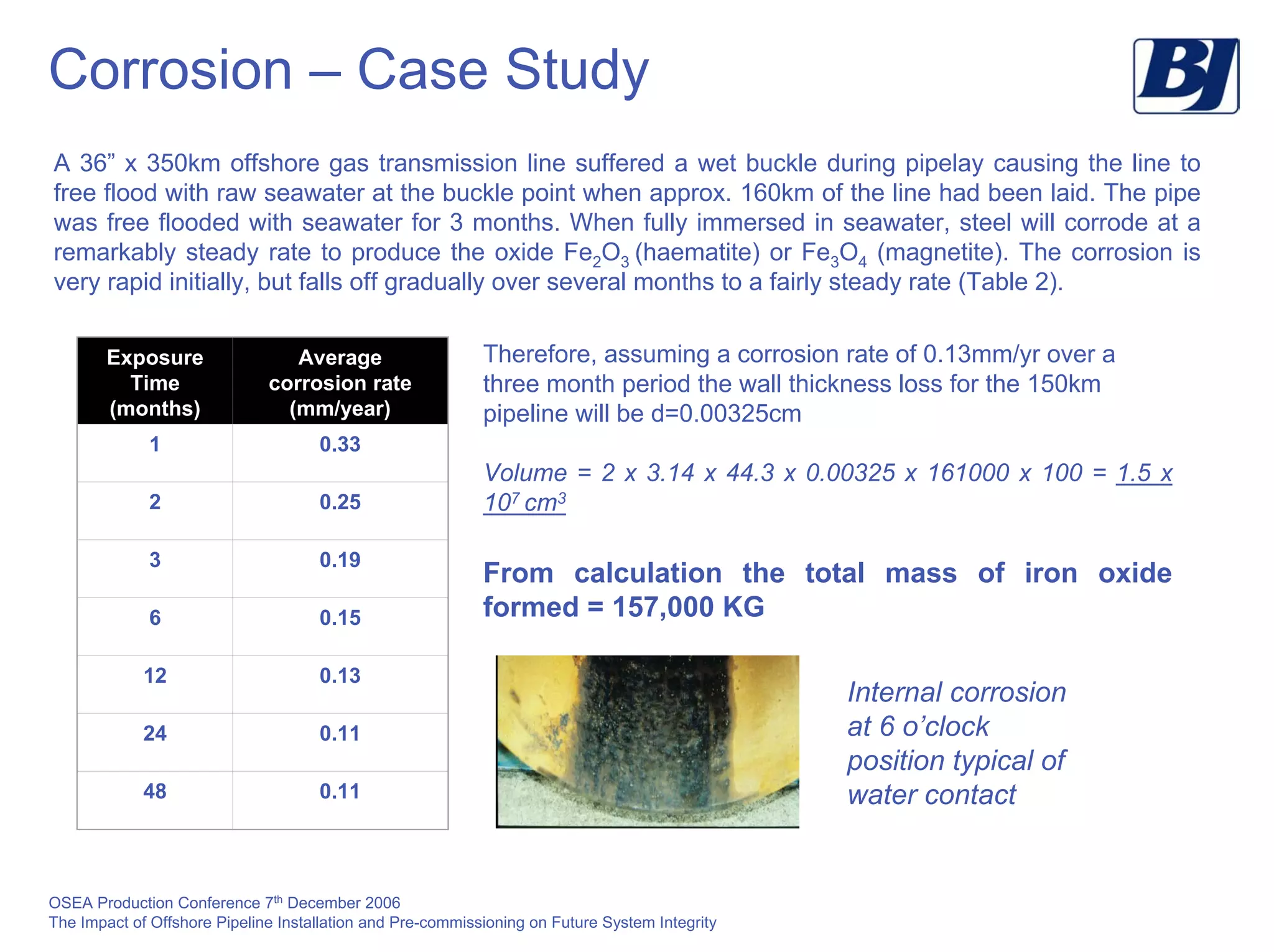 OSEA Production Conference 7th
December 2006
The Impact of Offshore Pipeline Installation and Pre-commissioning on Future System Integrity
Corrosion – Case Study
A 36” x 350km offshore gas transmission line suffered a wet buckle during pipelay causing the line to
free flood with raw seawater at the buckle point when approx. 160km of the line had been laid. The pipe
was free flooded with seawater for 3 months. When fully immersed in seawater, steel will corrode at a
remarkably steady rate to produce the oxide Fe2O3 (haematite) or Fe3O4 (magnetite). The corrosion is
very rapid initially, but falls off gradually over several months to a fairly steady rate (Table 2).
Exposure
Time
(months)
Average
corrosion rate
(mm/year)
1 0.33
2 0.25
3 0.19
6 0.15
12 0.13
24 0.11
48 0.11
Therefore, assuming a corrosion rate of 0.13mm/yr over a
three month period the wall thickness loss for the 150km
pipeline will be d=0.00325cm
Volume = 2 x 3.14 x 44.3 x 0.00325 x 161000 x 100 = 1.5 x
107 cm3
From calculation the total mass of iron oxide
formed = 157,000 KG
Internal corrosion
at 6 o’clock
position typical of
water contact
 