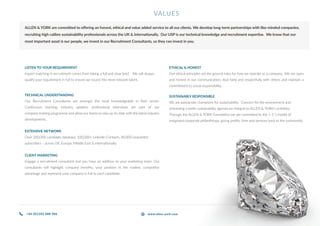 TECHNICAL UNDERSTANDING
Our Recruitment Consultants are amongst the most knowledgeable in their sector.
Continuous learning, industry updates, professional interviews are part of our
company training programme and allow our teams to stay up-to-date with the latest industry
developments.
LISTEN TO YOUR REQUIREMENT
Expert matching in recruitment comes from taking a full and clear brief. We will always
qualify your requirement in full to ensure we source the most relevant talent.
EXTENSIVE NETWORK
Over 200,000 candidate database, 100,000+ LinkedIn Contacts, 80,000 newsletter
subscribers - across UK, Europe, Middle East & internationally.
CLIENT MARKETING
Engage a recruitment consultant and you have an addition to your marketing team. Our
consultants will highlight company benefits, your position in the market, competitor
advantage and represent your company in full to each candidate.
SUSTAINABLY RESPONSIBLE
We are passionate champions for sustainability. Concern for the environment and
promoting a wider sustainability agenda are integral to ALLEN & YORK’s activities.
Through the ALLEN & YORK Foundation we are committed to the 1-1-1 model of
integrated corporate philanthropy; giving profits, time and services back to the community.
VALUES
ETHICAL & HONEST
Our ethical principles set the ground rules for how we operate as a company. We are open
and honest in our communication, deal fairly and respectfully with others and maintain a
commitment to social responsibility.
ALLEN & YORK are committed to offering an honest, ethical and value added service to all our clients. We develop long-term partnerships with like-minded companies,
recruiting high calibre sustainability professionals across the UK & internationally. Our USP is our technical knowledge and recruitment expertise. We know that our
most important asset is our people, we invest in our Recruitment Consultants, so they can invest in you.
+44 (0)1202 888 986 www.allen-york.com
 