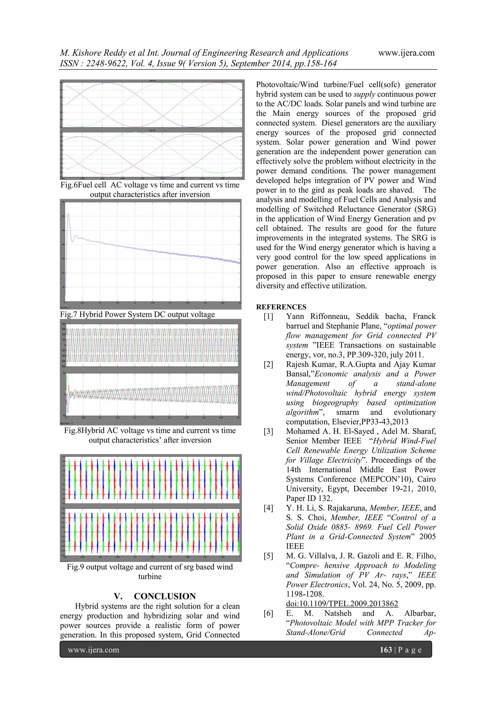 M. Kishore Reddy et al Int. Journal of Engineering Research and Applications www.ijera.com 
ISSN : 2248-9622, Vol. 4, Issue 9( Version 5), September 2014, pp.158-164 
www.ijera.com 163 | P a g e 
Fig.6Fuel cell AC voltage vs time and current vs time output characteristics after inversion Fig.7 Hybrid Power System DC output voltage 
Fig.8Hybrid AC voltage vs time and current vs time output characteristics’ after inversion Fig.9 output voltage and current of srg based wind turbine 
V. CONCLUSION 
Hybrid systems are the right solution for a clean energy production and hybridizing solar and wind power sources provide a realistic form of power generation. In this proposed system, Grid Connected Photovoltaic/Wind turbine/Fuel cell(sofc) generator hybrid system can be used to supply continuous power to the AC/DC loads. Solar panels and wind turbine are the Main energy sources of the proposed grid connected system. Diesel generators are the auxiliary energy sources of the proposed grid connected system. Solar power generation and Wind power generation are the independent power generation can effectively solve the problem without electricity in the power demand conditions. The power management developed helps integration of PV power and Wind power in to the gird as peak loads are shaved. The analysis and modelling of Fuel Cells and Analysis and modelling of Switched Reluctance Generator (SRG) in the application of Wind Energy Generation and pv cell obtained. The results are good for the future improvements in the integrated systems. The SRG is used for the Wind energy generator which is having a very good control for the low speed applications in power generation. Also an effective approach is proposed in this paper to ensure renewable energy diversity and effective utilization. 
REFERENCES 
[1] Yann Riffonneau, Seddik bacha, Franck barruel and Stephanie Plane, “optimal power flow management for Grid connected PV system ”IEEE Transactions on sustainable energy, vor, no.3, PP.309-320, july 2011. [2] Rajesh Kumar, R.A.Gupta and Ajay Kumar Bansal,”Economic analysis and a Power Management of a stand-alone wind/Photovoltaic hybrid energy system using biogeography based optimization algorithm”, smarm and evolutionary computation, Elsevier,PP33-43,2013 [3] Mohamed A. H. El-Sayed , Adel M. Sharaf, Senior Member IEEE “Hybrid Wind-Fuel Cell Renewable Energy Utilization Scheme for Village Electricity”. Proceedings of the 14th International Middle East Power Systems Conference (MEPCON’10), Cairo University, Egypt, December 19-21, 2010, Paper ID 132. [4] Y. H. Li, S. Rajakaruna, Member, IEEE, and S. S. Choi, Member, IEEE “Control of a Solid Oxide 0885- 8969. Fuel Cell Power Plant in a Grid-Connected System” 2005 IEEE [5] M. G. Villalva, J. R. Gazoli and E. R. Filho, “Compre- hensive Approach to Modeling and Simulation of PV Ar- rays,” IEEE Power Electronics, Vol. 24, No. 5, 2009, pp. 1198-1208. doi:10.1109/TPEL.2009.2013862 
[6] E. M. Natsheh and A. Albarbar, “Photovoltaic Model with MPP Tracker for Stand-Alone/Grid Connected Ap-  
