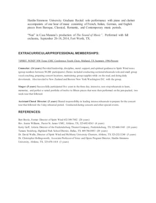 Hardin-Simmons University Graduate Recital: solo performance with piano and clarinet
accompanists of one hour of music consisting of French, Italian, German, and English
pieces from Baroque, Classical, Romantic, and Contemporary music periods.
“Nun” in Casa Manana’s production of The Sound of Music”. Performed with full
orchestra, September 20-18, 2014, Fort Worth, TX.
EXTRACURRICULAR/PROFESSIONAL MEMBERSHIPS:
"SPIRIT WIND" NW Texas UMC Conference Youth Choir, Midland, TX Summers 1996-Present
Counselor: (14 years) Provided leadership, discipline, moral support,and spiritual guidance to Spirit Wind teens
(group numbers between 50-200 participants). Duties included conducting sectionalrehearsals/solo and small group
vocal coaching, preparing concert locations, maintaining group supplies while on the road, and doing daily
devotionals. Also traveled to New Zealand and Boston/ New York/Washington D.C. with the group.
Singer: (5 years) Successfully participated five years in the three day, intensive, non-stop rehearsals to learn,
memorize, and perfect a varied portfolio of twelve to fifteen pieces that were then performed on the jam-packed, two
week tour that followed.
Assistant Choral Director: (3 years) Shared responsibility in leading intense rehearsals to prepare for the concert
tour that followed the 3-day rehearsal period. Conducted during concerts and other special events.
REFERENCES:
Bert Bostic, Former Director of Spirit Wind 432-349-7882 (20 years)
Rev. Jeanie Williams, Pastor St. James UMC, Abilene, TX, 325-692-0263 (4 years)
Kerry Goff, Artistic Director of the Fredericksburg Theater Company, Fredericksburg, TX 325-660-1843 (10 years)
Tamara Steinberg, Highland Park School District, Dallas, TX 469-766-8883 (20 years)
Dr. David Wallis, Director of Spirit Wind and McMurry University Chanters, Abilene, TX 325-232-3240 (5 years)
Dr. Christopher Hollingsworth, Associate Professorof Voice and Opera Program Director, Hardin-Simmons
University, Abilene, TX. 325-670-1418 (3 years)
 