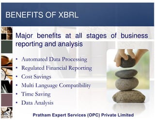 BENEFITS OF XBRL
Major benefits at all stages of business
reporting and analysis
• Automated Data Processing• Automated Data Processing
• Regulated Financial Reporting
• Cost Savings
• Multi Language Compatibility
• Time Saving
• Data Analysis
 