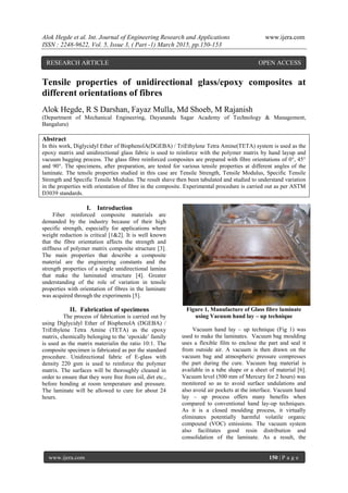 Alok Hegde et al. Int. Journal of Engineering Research and Applications www.ijera.com
ISSN : 2248-9622, Vol. 5, Issue 3, ( Part -1) March 2015, pp.150-153
www.ijera.com 150 | P a g e
Tensile properties of unidirectional glass/epoxy composites at
different orientations of fibres
Alok Hegde, R S Darshan, Fayaz Mulla, Md Shoeb, M Rajanish
(Department of Mechanical Engineering, Dayananda Sagar Academy of Technology & Management,
Bangaluru)
Abstract
In this work, Diglycidyl Ether of BisphenolA(DGEBA) / TriEthylene Tetra Amine(TETA) system is used as the
epoxy matrix and unidirectional glass fabric is used to reinforce with the polymer matrix by hand layup and
vacuum bagging process. The glass fibre reinforced composites are prepared with fibre orientations of 0°, 45°
and 90°. The specimens, after preparation, are tested for various tensile properties at different angles of the
laminate. The tensile properties studied in this case are Tensile Strength, Tensile Modulus, Specific Tensile
Strength and Specific Tensile Modulus. The result shave then been tabulated and studied to understand variation
in the properties with orientation of fibre in the composite. Experimental procedure is carried out as per ASTM
D3039 standards.
I. Introduction
Fiber reinforced composite materials are
demanded by the industry because of their high
specific strength, especially for applications where
weight reduction is critical [1&2]. It is well known
that the fibre orientation affects the strength and
stiffness of polymer matrix composite structure [3].
The main properties that describe a composite
material are the engineering constants and the
strength properties of a single unidirectional lamina
that make the laminated structure [4]. Greater
understanding of the role of variation in tensile
properties with orientation of fibres in the laminate
was acquired through the experiments [5].
II. Fabrication of specimens
The process of fabrication is carried out by
using Diglycidyl Ether of BisphenolA (DGEBA) /
TriEthylene Tetra Amine (TETA) as the epoxy
matrix, chemically belonging to the „epoxide‟ family
is used as the matrix materialin the ratio 10:1. The
composite specimen is fabricated as per the standard
procedure. Unidirectional fabric of E-glass with
density 220 gsm is used to reinforce the polymer
matrix. The surfaces will be thoroughly cleaned in
order to ensure that they were free from oil, dirt etc.,
before bonding at room temperature and pressure.
The laminate will be allowed to cure for about 24
hours.
Figure 1, Manufacture of Glass fibre laminate
using Vacuum hand lay – up technique
Vacuum hand lay – up technique (Fig 1) was
used to make the laminates. Vacuum bag moulding
uses a flexible film to enclose the part and seal it
from outside air. A vacuum is then drawn on the
vacuum bag and atmospheric pressure compresses
the part during the cure. Vacuum bag material is
available in a tube shape or a sheet of material [6].
Vacuum level (500 mm of Mercury for 2 hours) was
monitored so as to avoid surface undulations and
also avoid air pockets at the interface. Vacuum hand
lay – up process offers many benefits when
compared to conventional hand lay-up techniques.
As it is a closed moulding process, it virtually
eliminates potentially harmful volatile organic
compound (VOC) emissions. The vacuum system
also facilitates good resin distribution and
consolidation of the laminate. As a result, the
RESEARCH ARTICLE OPEN ACCESS
 