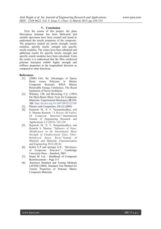 Alok Hegde et al. Int. Journal of Engineering Research and Applications www.ijera.com
ISSN : 2248-9622, Vol. 5, Issue 3, ( Part -1) March 2015, pp.150-153
www.ijera.com 153 | P a g e
V. Conclusion
Over the course of this project, the glass
fibre/epoxy laminate has been fabricated and
suitable specimens have been created and tested to
understand the tensile properties of the composite.
The properties studied are tensile strength, tensile
modulus, specific tensile strength and specific
tensile modulus. The values have been tabulated and
additional results for specific tensile strength and
specific tensile modulus have been calculated. From
the results it is understood that the fibre reinforced
polymer laminates exhibit higher strength and
stiffness properties in the longitudinal direction as
compared to other directions.
References
[1]. (2008) Grit, the Advantages of Epoxy
Resin versus Polyester in Marine
Composite Structure. RINA Marine
Renewable Energy Conference, The Royal
Institution of Naval Architects.
[2]. Whitney, J.M. and Browning, C.E. (1985)
On Short-Beam Shear Tests for Composite
Materials. Experimental Mechanics 25,294-
300. http://dx.doi.org/10.1007/BF02325100
[3]. Plastics and Composites, 29(12) (2009)
[4]. Rajanish, M., N. V. Nanjundaradhya, and
S. Sharma Ramesh. "A Review Of Failure
Of Composite Materials." International
Journal of Enginnering Research and
Applications 3.2 (2012): 122-124.
[5]. Rajanish, M., N. V. Nanjundaradhya, and
Ramesh S. Sharma. "Influence of Nano-
Modification on the Interlaminar Shear
Strength of Unidirectional Glass Fiber-
Reinforced Epoxy Resin." Journal of
Minerals and Materials Characterization
and Engineering 2014 (2014).
[6]. Kullor L.P and springer G.S., “Mechanics
of Composite Structure”, Cambridge
University Press – Stanford, 2003
[7]. Stuart M. Lee - Handbook of Composite
Reinforcements – Page 317
[8]. American Standard and Testing Methods
(ASTM) (2004). Standard Test Method for
Tensile Properties of Polymer Matrix
Composite Materials.
 
