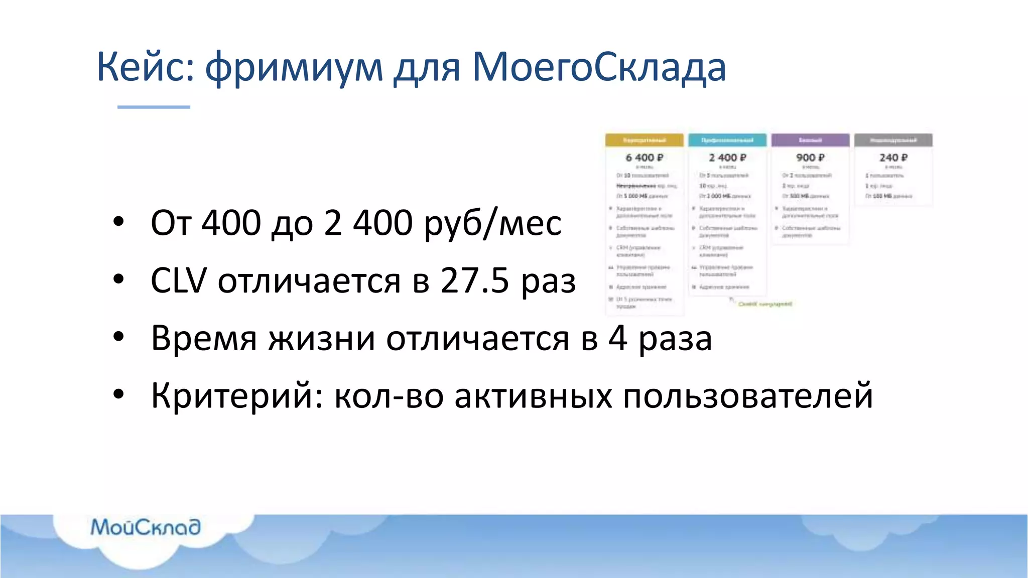 Кейс: фримиум для МоегоСклада
• От 400 до 2 400 руб/мес
• CLV отличается в 27.5 раз
• Время жизни отличается в 4 раза
• Критерий: кол-во активных пользователей
 