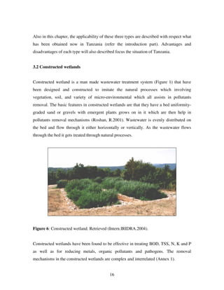 16
Also in this chapter, the applicability of these three types are described with respect what
has been obtained now in Tanzania (refer the introduction part). Advantages and
disadvantages of each type will also described focus the situation of Tanzania.
3.2 Constructed wetlands
Constructed wetland is a man made wastewater treatment system (Figure 1) that have
been designed and constructed to imitate the natural processes which involving
vegetation, soil, and variety of micro-environmental which all assists in pollutants
removal. The basic features in constructed wetlands are that they have a bed uniformity-
graded sand or gravels with emergent plants grows on in it which are then help in
pollutants removal mechanisms (Roshan, R.2001). Wastewater is evenly distributed on
the bed and flow through it either horizontally or vertically. As the wastewater flows
through the bed it gets treated through natural processes.
Figure 6: Constructed wetland. Retrieved (Intern.IRIDRA.2004).
Constructed wetlands have been found to be effective in treating BOD, TSS, N, K and P
as well as for reducing metals, organic pollutants and pathogens. The removal
mechanisms in the constructed wetlands are complex and interrelated (Annex 1).
 