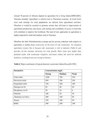 39
Around 70 percent of Africans depend on agriculture for a living (Intern.DFID.2003),
Tanzania included. Agriculture is critical issue to Tanzanian economy. At local levels
most cash earnings for rural populations are derived from agricultural activities.
Therefore it would be essential to promote actions that will lead to improvement of
agricultural productivity and ensure cash earning and availability of access to food that
will contribute to improve the livelihood. The need of new approaches in agriculture is
highly required for small and medium scale in Tanzania.
Therefore the links Waterharmonica concept and for poverty reduction with respects to
agriculture is mainly focus extensively on the reuse of safe wastewater for irrigation
agriculture (crops); this is because safe wastewater is rich in nutrients (Table 6) and
provides all the moisture necessary for crop growth. Most crops give higher than
potential yields with wastewater irrigation, and hence reduce the need for artificial
fertilizers, resulting in net cost savings to farmers.
Table 6: Major constituents of typical domestic wastewater (Intern.Pescod.B.1992)
Parameters Concentration (mg/l)
Strong Medium Weak
Total solids 1200 700 350
Dissolved solids 850 500 250
Suspended solids 350 200 100
Nitrogen (as N) 85 40 20
Phosphorus (as P) 20 10 6
Chloride 100 50 30
Alkalinity (as CaCo3 200 100 50
Grease 150 100 50
BOD5 300 200 100
 