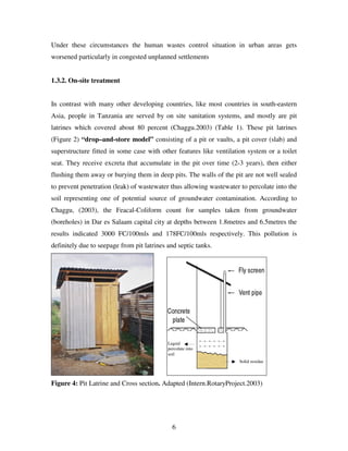 6
Under these circumstances the human wastes control situation in urban areas gets
worsened particularly in congested unplanned settlements
1.3.2. On-site treatment
In contrast with many other developing countries, like most countries in south-eastern
Asia, people in Tanzania are served by on site sanitation systems, and mostly are pit
latrines which covered about 80 percent (Chaggu.2003) (Table 1). These pit latrines
(Figure 2) “drop–and-store model” consisting of a pit or vaults, a pit cover (slab) and
superstructure fitted in some case with other features like ventilation system or a toilet
seat. They receive excreta that accumulate in the pit over time (2-3 years), then either
flushing them away or burying them in deep pits. The walls of the pit are not well sealed
to prevent penetration (leak) of wastewater thus allowing wastewater to percolate into the
soil representing one of potential source of groundwater contamination. According to
Chaggu, (2003), the Feacal-Coliform count for samples taken from groundwater
(boreholes) in Dar es Salaam capital city at depths between 1.8metres and 6.5metres the
results indicated 3000 FC/100mls and 178FC/100mls respectively. This pollution is
definitely due to seepage from pit latrines and septic tanks.
Figure 4: Pit Latrine and Cross section. Adapted (Intern.RotaryProject.2003)
Solid residue
Liquid
percolate into
soil
 